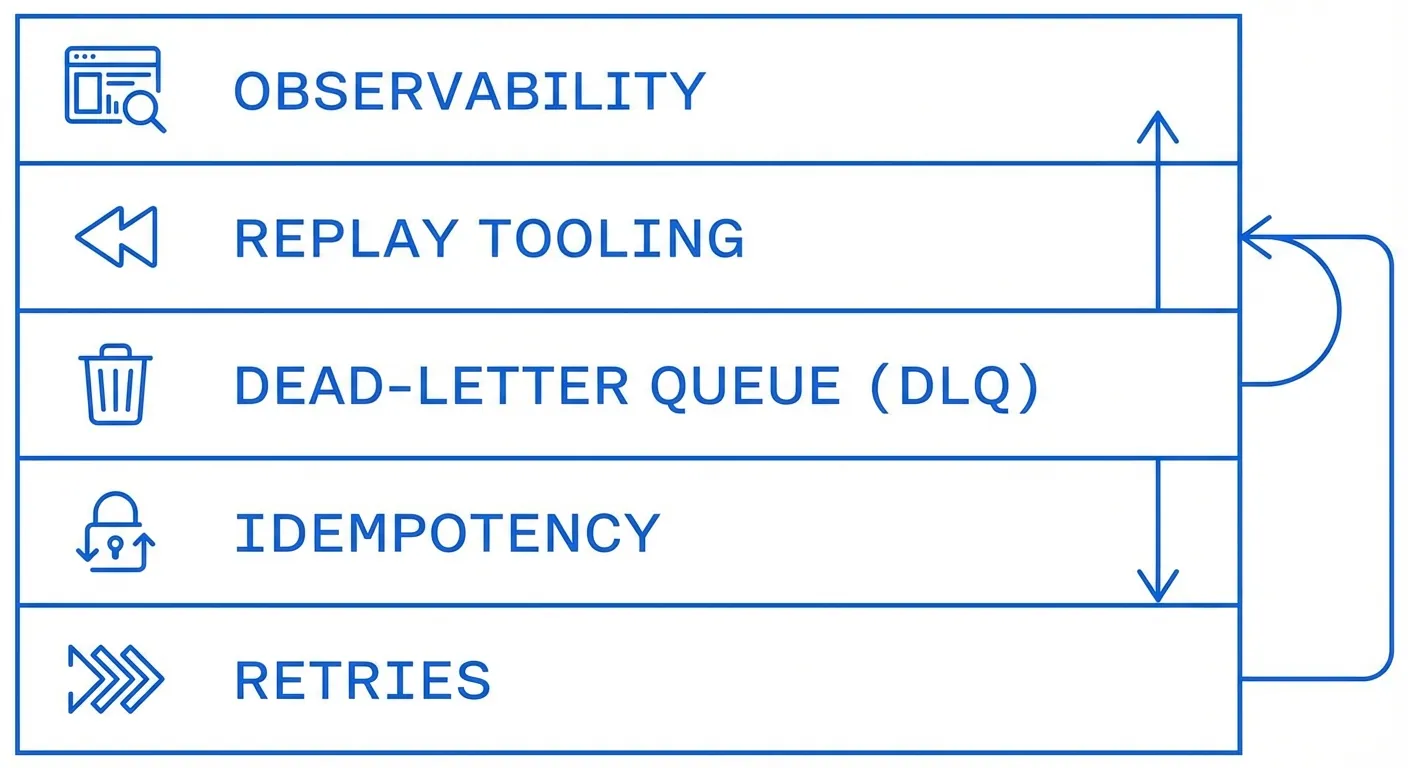 Webhook reliability stack with retries, idempotency, DLQ, replay and observability